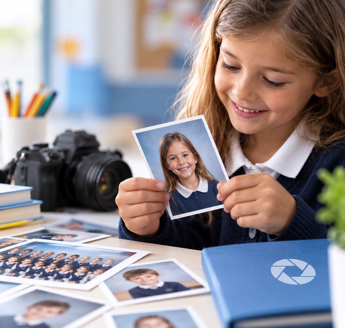 Una alumna mira su retrato escolar impreso, con la foto de clase, las copias y el álbum del colegio sobre la mesa