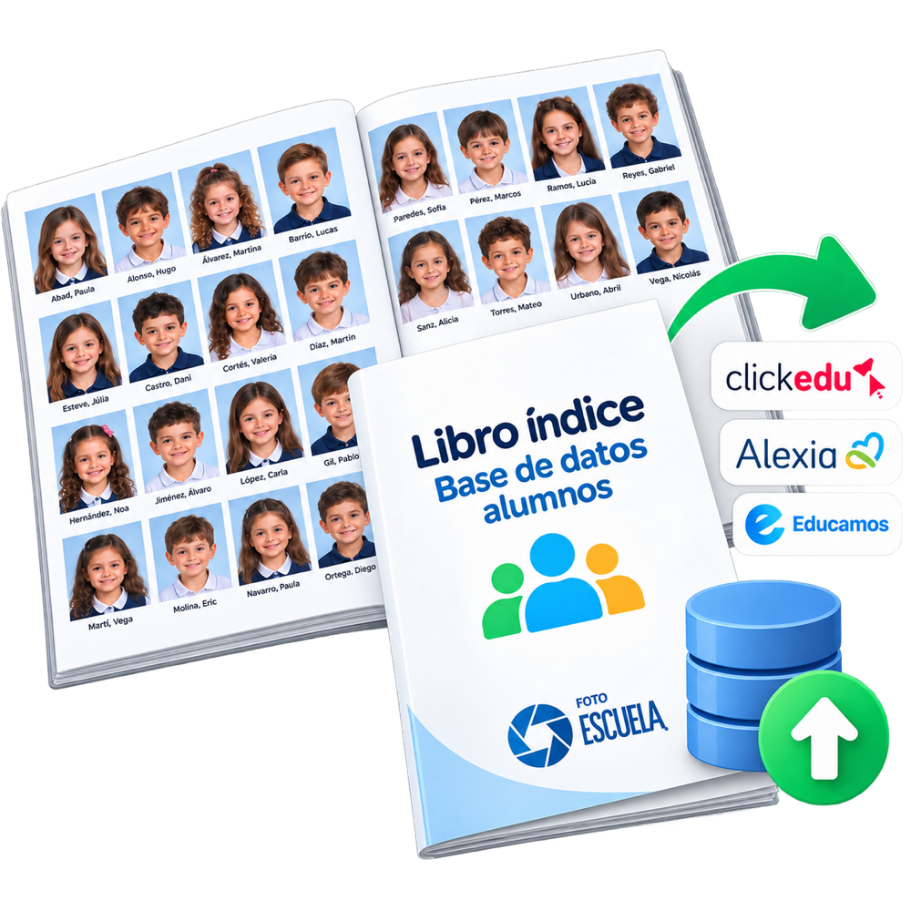 Libro índice con las fotos del alumnado ordenadas por clase y con sus nombres, junto al archivo digital preparado para subirlo en bloque a ClickEdu, Alexia o Educamos