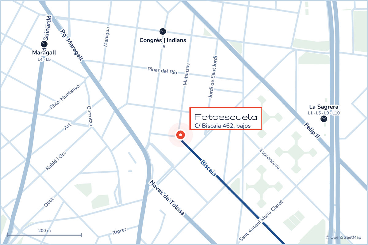 Mapa de situación de Fotoescuela: C/ Biscaia 462, bajos, 08027 Barcelona, junto a Plaça de les Havaneres. Metro Congrés | Indians (L5), Maragall (L4 y L5) y La Sagrera (L1, L5, L9 y L10).