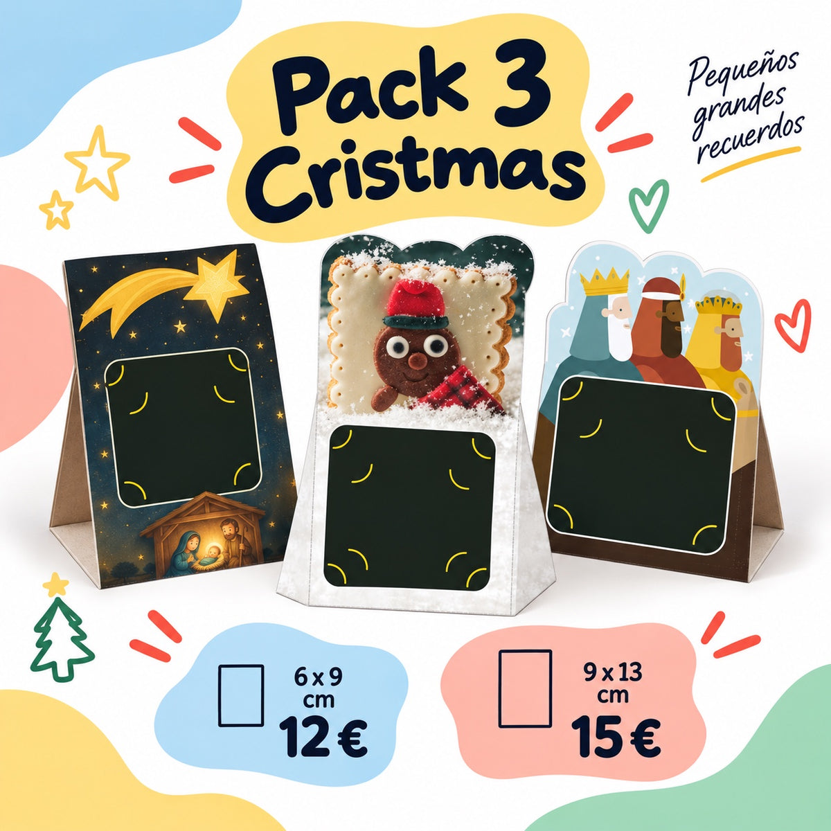 Pack de tres christmas navideños con la foto escolar: estrella de Navidad, galleta de jengibre y Reyes Magos, en 6x9 y 9x13 cm