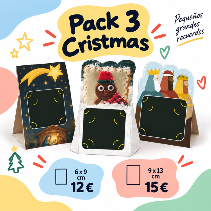 Pack de tres christmas navideños con la foto escolar: estrella de Navidad, galleta de jengibre y Reyes Magos, en 6x9 y 9x13 cm