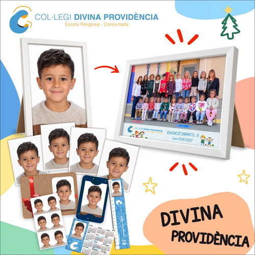 Lote de fotografía escolar de Infantil y Primaria de Divina Providencia Mataró: foto de clase, retrato enmarcado y copias del pack
