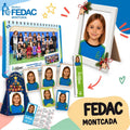 Lote de fotografía escolar de FEDAC Montcada: calendario con la foto de clase, retrato enmarcado, fotos de carné, regla y christmas