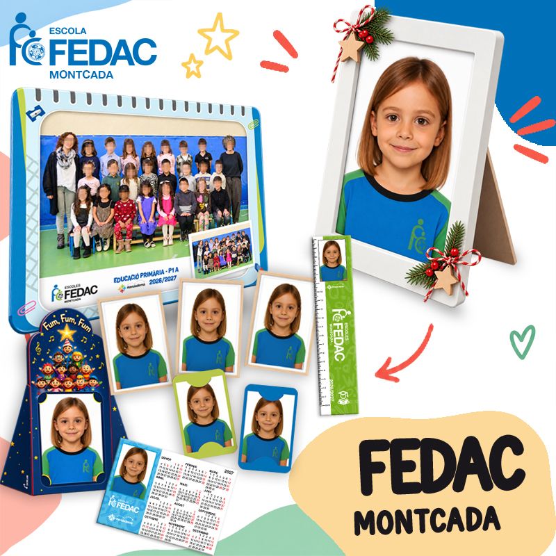 Lote de fotografía escolar de FEDAC Montcada: calendario con la foto de clase, retrato enmarcado, fotos de carné, regla y christmas