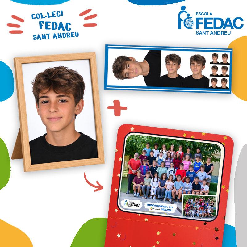 Lote de FEDAC Sant Andreu para ESO y Bachillerato: retrato individual enmarcado, tira de fotos, fotos tipo carné y foto de grupo de clase