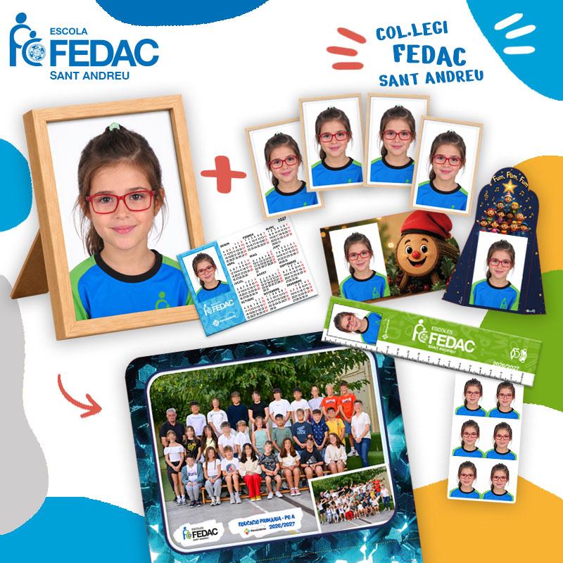 Lote de FEDAC Sant Andreu para Infantil y Primaria: retrato enmarcado, fotos tipo carné, calendario, adorno de Navidad, regla y foto de grupo