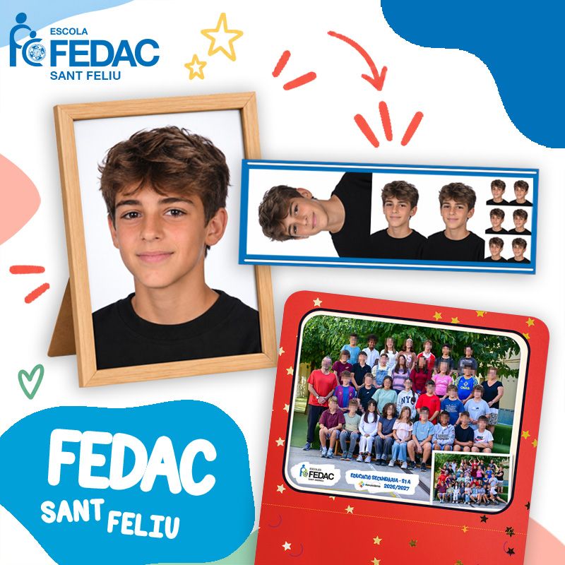 Lote de fotografía escolar de ESO y Bachillerato de FEDAC Sant Feliu: foto de clase, retrato enmarcado y copias del pack