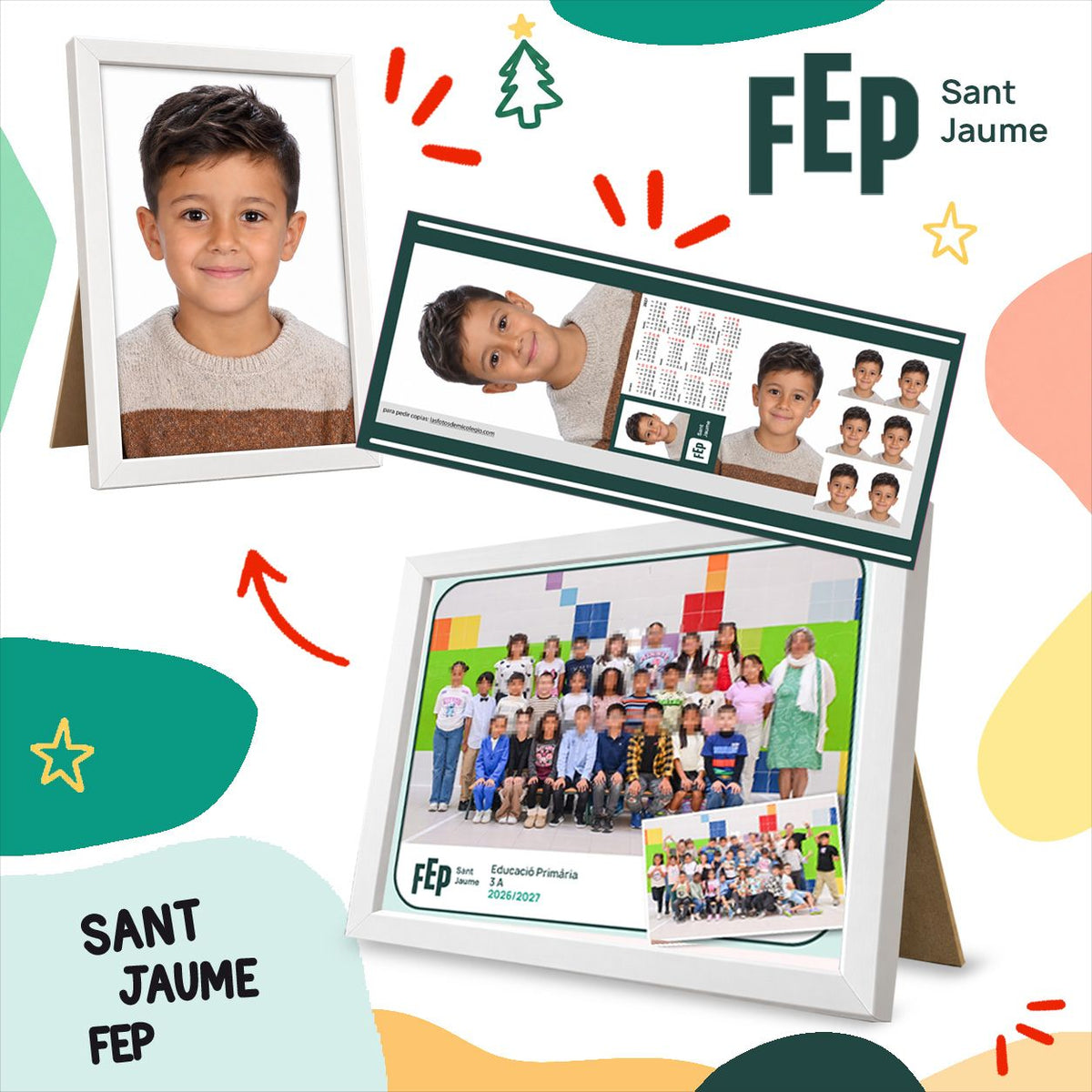 Lote de fotografia escolar de Primaria de FEP Sant Jaume: foto de clase, retrato enmarcado y copias del pack