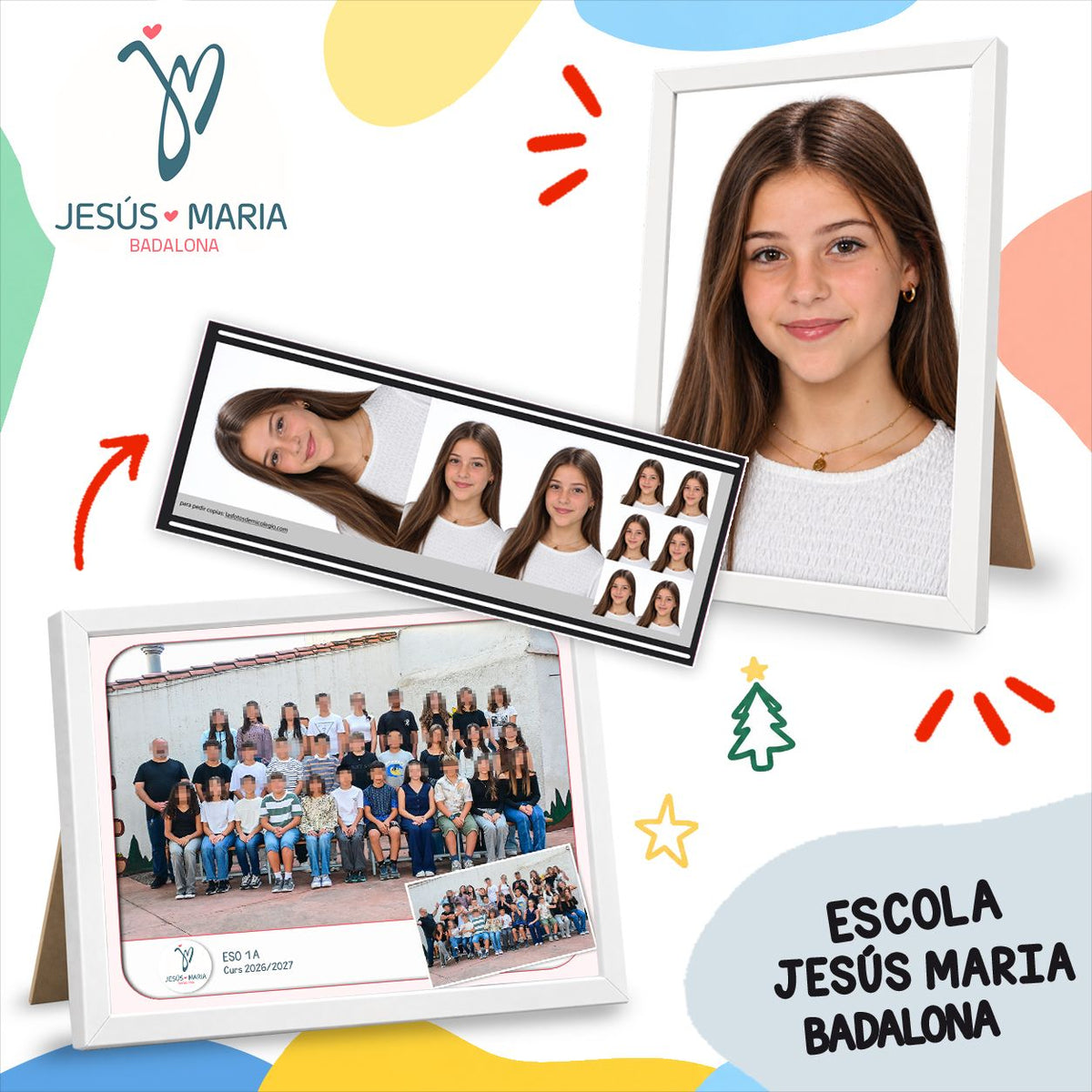 Lote de fotografía escolar de ESO y Bachillerato de Jesús Maria Badalona: foto de clase, retrato enmarcado y copias del pack