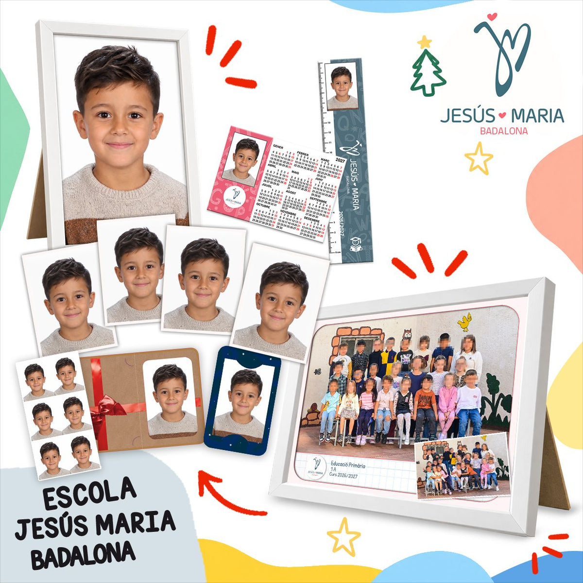 Lote de fotografía escolar de Infantil y Primaria de Jesús Maria Badalona: foto de clase, retrato enmarcado y copias del pack