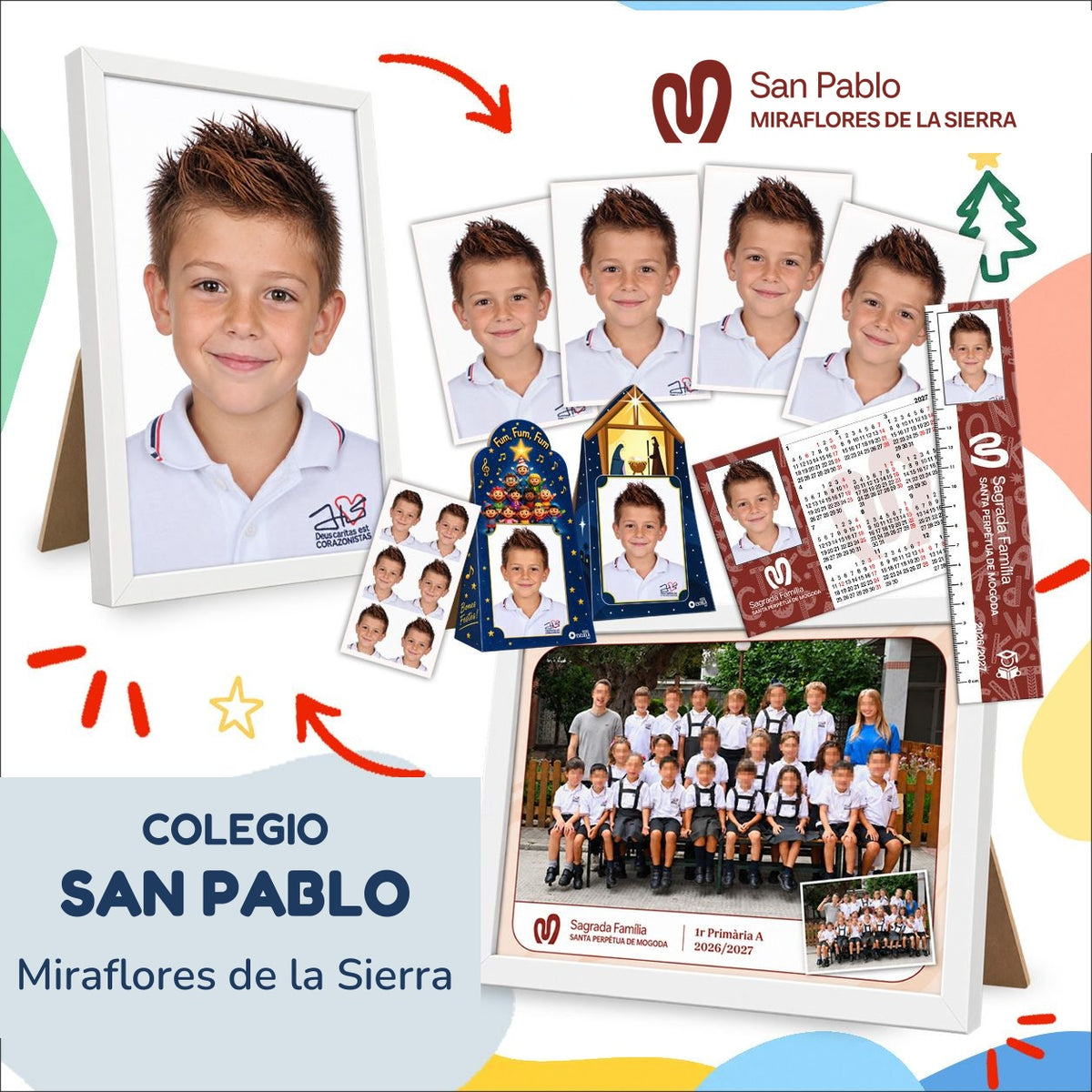 Lote de fotografía escolar de Infantil y Primaria de San Pablo (Miraflores de la Sierra): foto de clase, retrato enmarcado y copias del pack