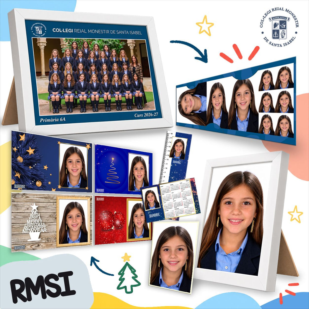Lote de fotografía escolar del Col·legi Reial Monestir de Santa Isabel: foto de clase enmarcada, retratos, christmas, calendario, regla y fotos de carné