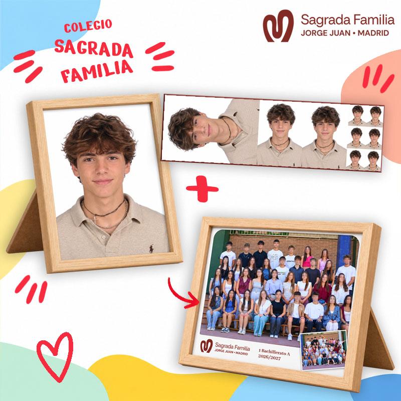 Lote de Sagrada Familia Jorge Juan Madrid para ESO y Bachillerato: retrato individual enmarcado, tira de fotos, fotos tipo carné y foto de grupo de clase