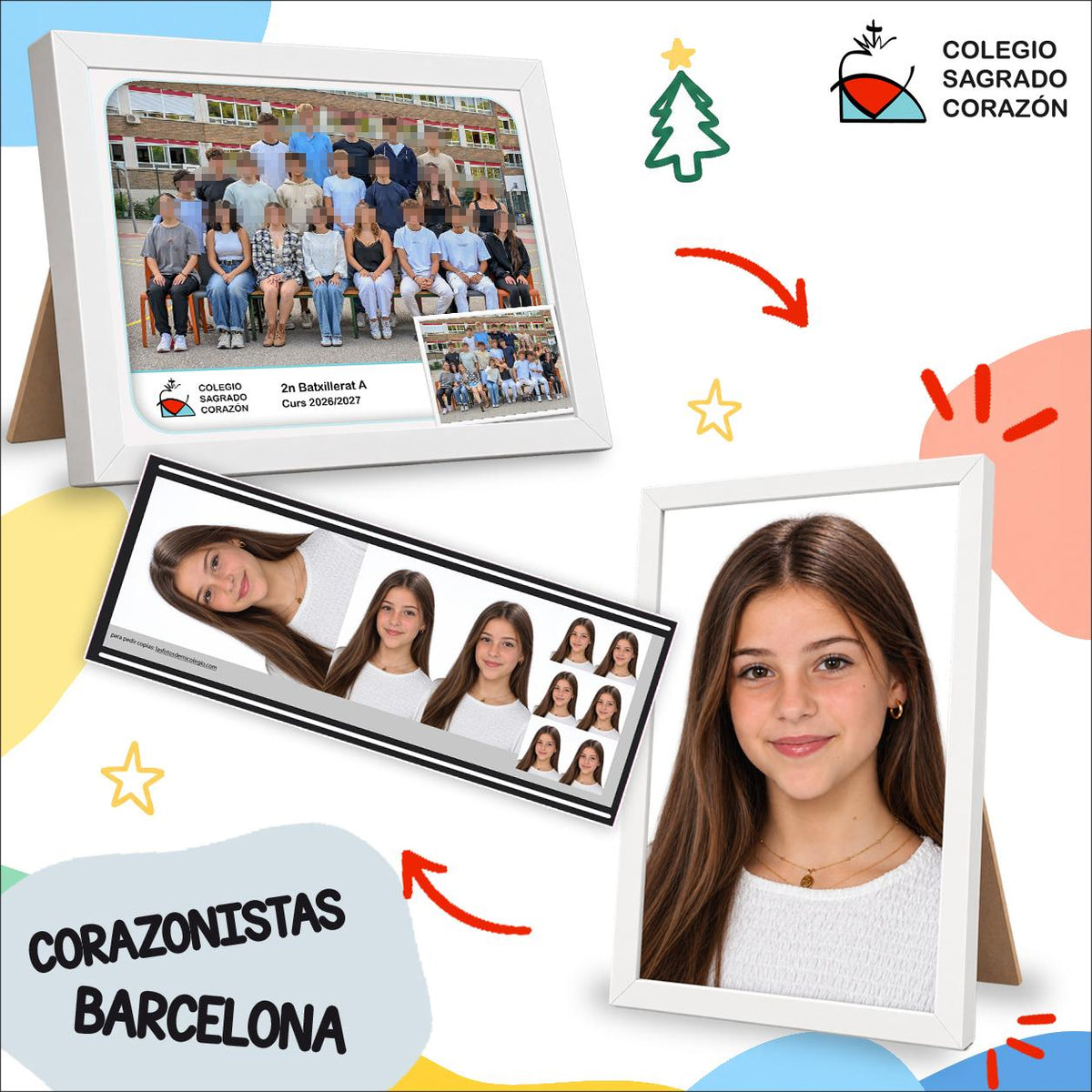 Lote de fotografía escolar de ESO y Bachillerato del Colegio Sagrado Corazón Corazonistas: foto de clase enmarcada, retrato y tira de copias