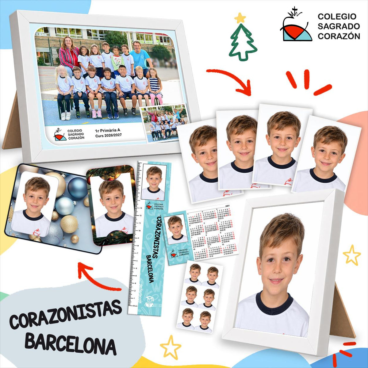 Lote de fotografía escolar del Colegio Sagrado Corazón Corazonistas Barcelona: foto de clase enmarcada, retrato, fotos de carné, christmas, calendario y regla