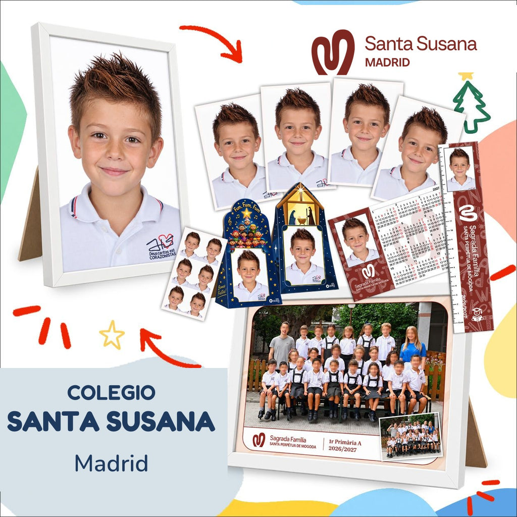 Lote de fotografía escolar de Infantil y Primaria de Santa Susana (Madrid): foto de clase, retrato enmarcado y copias del pack