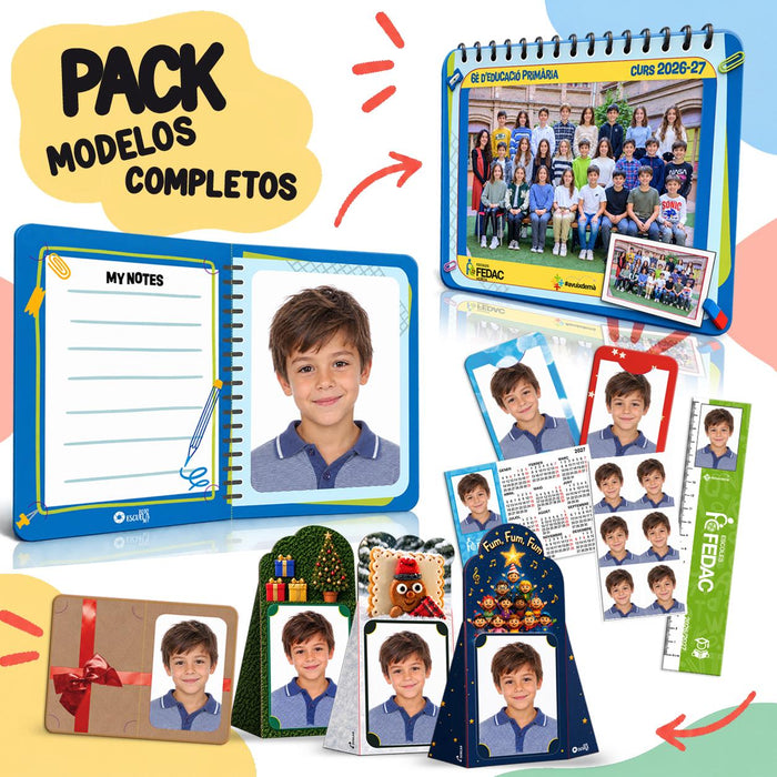 Pack de modelos completos de fotografía escolar: libreta con el retrato, foto de clase enmarcada, marcos, calendario, fotos de carné, regla y christmas