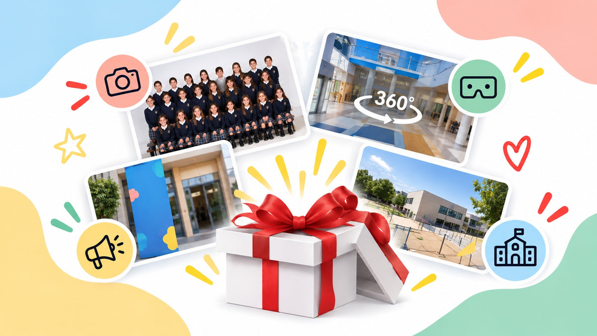 Servicios que el centro elige gratis cada curso: foto de grupo, visita virtual 360º, pancarta de puertas abiertas y reportaje de instalaciones
