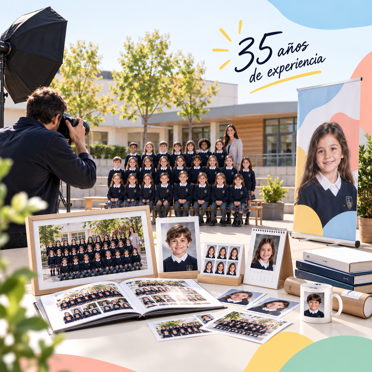 Fotógrafo de Fotoescuela haciendo la foto de grupo en el patio de un colegio, con álbum, retratos, calendario y taza personalizada